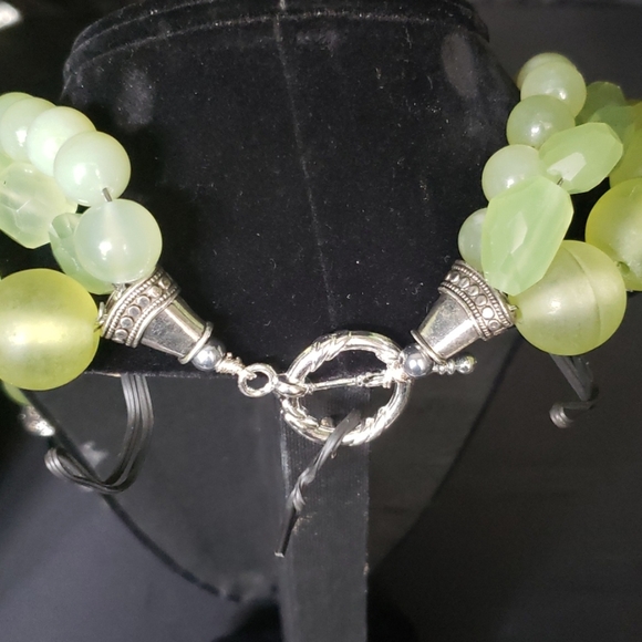 Black Onyx Silver Wrapped Rosary Chain With Apple Green  Apple green with silver and black necklace